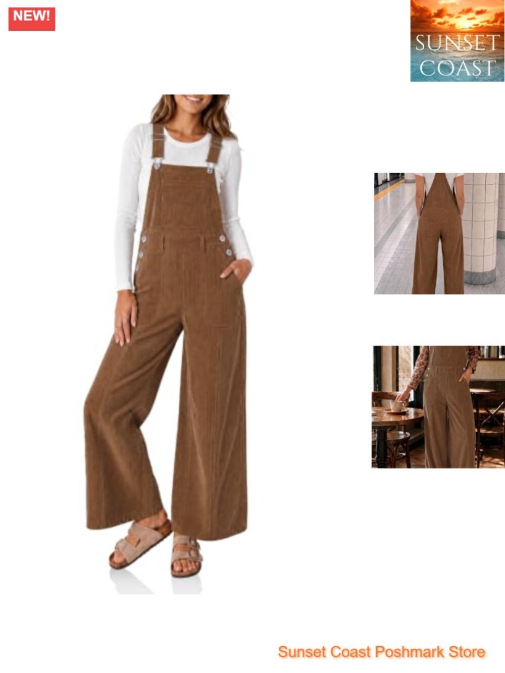 Corduroy Bib Overalls Wide Leg Baggy Jumpsuit Adjustable Straps Pockets
